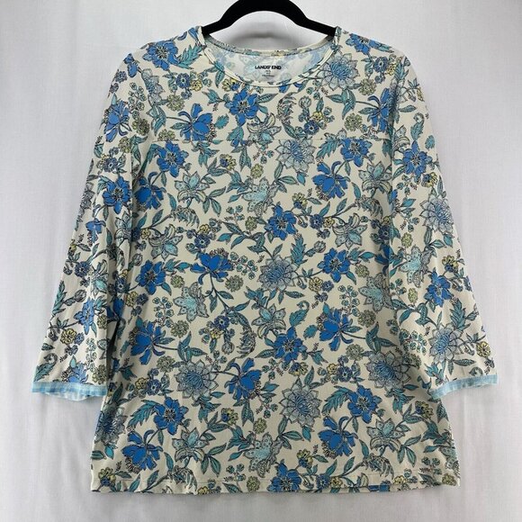 Lands' End Top Womens Sz M/L 10-12 Floral 3/4 Sleeve Stretch Nylon Blend Blue - Picture 1 of 11